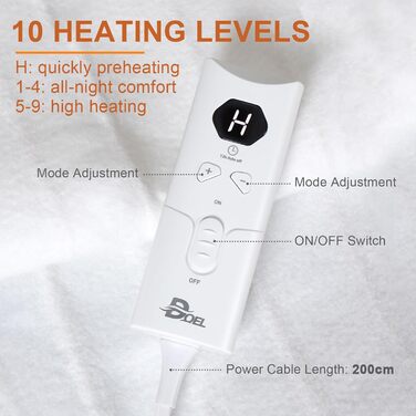 Підігріта ковдра DOEL 160x140 см, подвійна підігріта підковдра з 10 режимами нагріву, електрична підігріта ковдра з автоматичним вимкненням 3/12 годин, підігрів матраца, який можна прати в пральній машині, 220-230 В, 50-60 Гц, 115 Вт, білий
