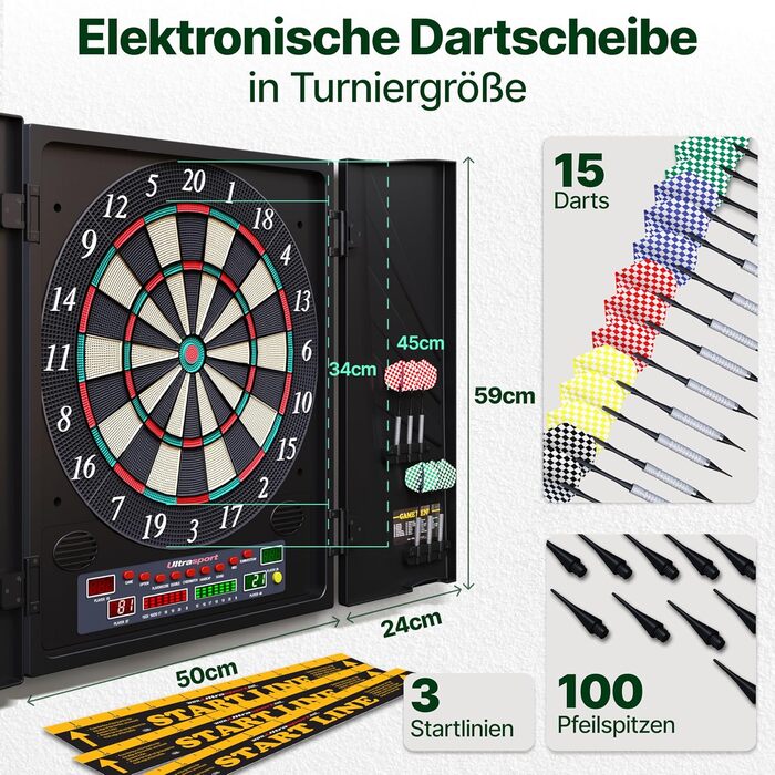 Електричний дартс Ultrasport з дверцятами або без, сталеві дротики з пластиковими крильцями для класичного дартс, підходить для вечірок та ігрових вечорів. Мішень для дартс з дверцятами, одинарний.