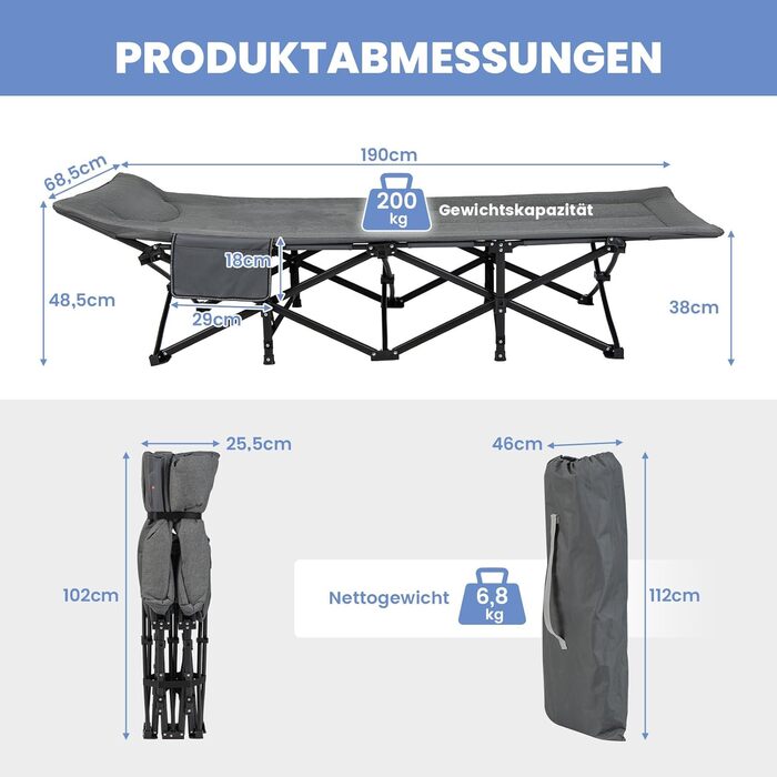 Розкладне ліжечко COSTWAY зі зручним бавовняним наповнювачем інтегрована подушка та матрац, розкладне кемпінгове ліжко, вантажопідйомність до 200 кг, розкладне ліжко з бічною кишенею, кемпінговий шезлонг з сумкою для перенесення, гостьове ліжко сірого кол