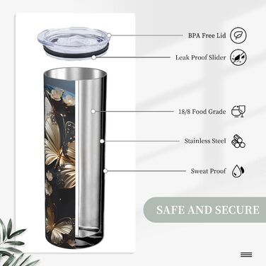 Кухоль з прямою трубочкою, 590 мл, золотистого кольору, білі метелики, чорний, з принтом, дорожній кухоль, підходить для кемпінгу, офісу та дому