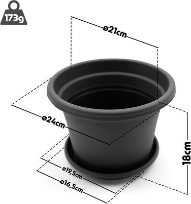 Набір з 8 круглих квіткових горщиків з блюдцями BigDean, ø 25 см, антрацит всепогодні кашпо, зроблені в Європі, антрацит, ø 25 см
