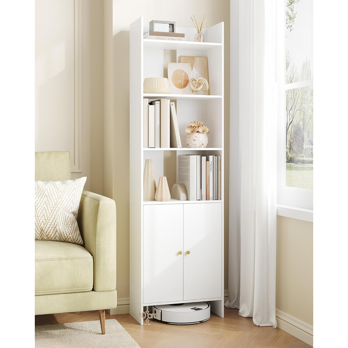 Книжкова шафа Hzuaneri з 2 дверима, 6-ярусна книжкова полиця, полиця, вітрина, полиця для зберігання для вітальні, домашнього офісу, кухні, 24 x 48 x 169 см, білий, BC62003X