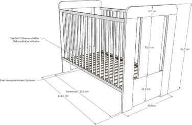Дитяче ліжечко Kids Collective з матрацом та гравіюванням &quotМаленький принц&quot 60x120, регульована висота Знімні прути, білий колір для хлопчика, зроблено в Європі Від народження до 3 років, 60 x 120 см синій матрац