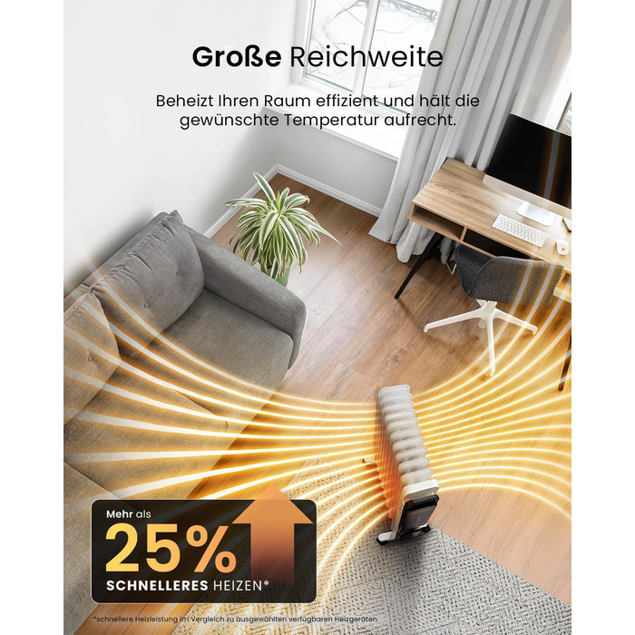 Масляний радіатор Pro Breeze OmniWarm потужністю 2500 Вт з 11 ребрами, електричним нагрівом - енергозберігаючий масляний радіатор, 3 режими нагріву, регульований термостат, 24-годинний таймер, сенсорний дисплей та функція безпечного відключення, білий - н