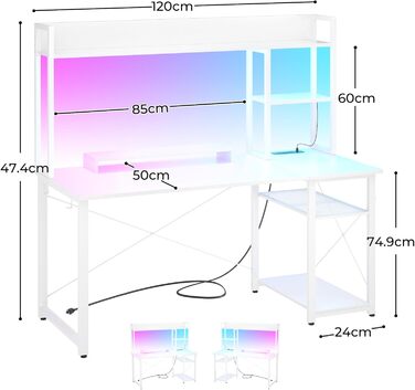 Ігровий стіл з полицею, комп&39ютерний стіл 47 дюймів зі світлодіодним підсвічуванням та розетками, стіл для домашнього офісу з двосторонніми 5-ярусними відділеннями для зберігання та підставкою для монітора, білий 120 см