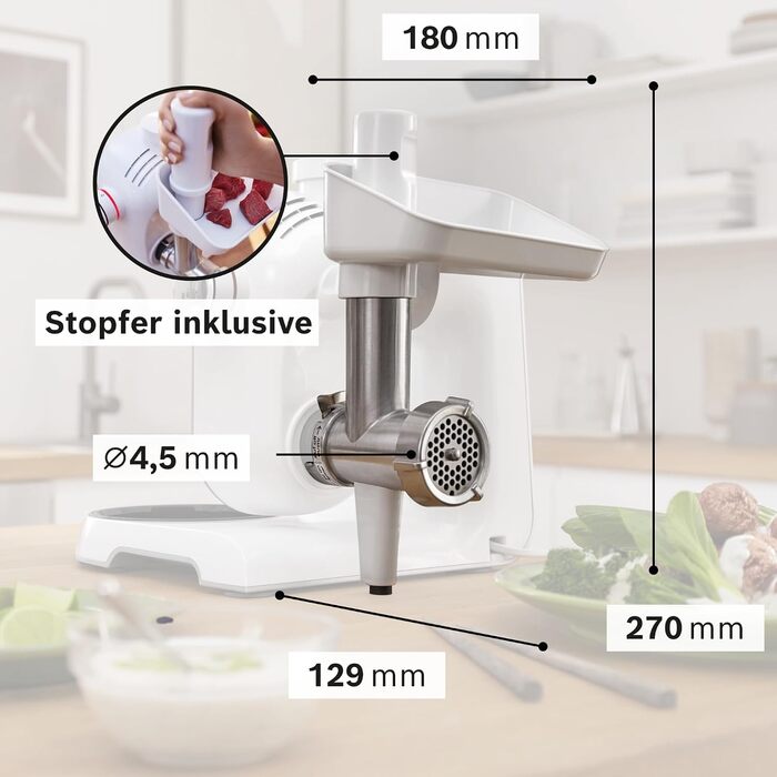 Набір аксесуарів Bosch BakingSensation MUZ5BS1 для кухонних машин серії 4 м'ясорубка, пластикова чаша, насадка для печива, перфорована решітка, 4 форми для печива, нержавіюча сталь, можна мити в посудомийній машині