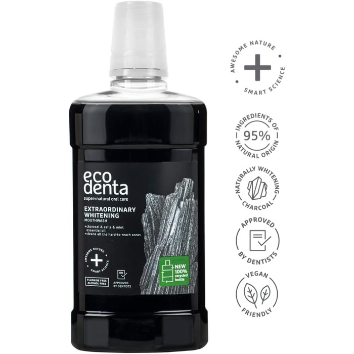 Косметичний набір для гігієни порожнини рота Ecodenta Black Whitening i Відбілювання зубів з чорним вугіллям 100 мл і ополіскувач для рота з чорним антрацитом, 500 мл i Набір для відбілювання зубів з активованим вугіллям чорного кольору x2