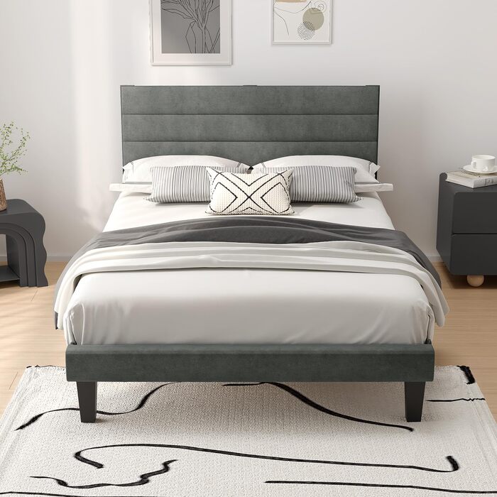 Ліжко Bonnlo з м&39якою оббивкою 140x200 см з регульованим узголів&39ям, ліжко 140x200 з дерев&39яною рейковою основою, оксамит (без матраца) 140x200 см світло-сірий