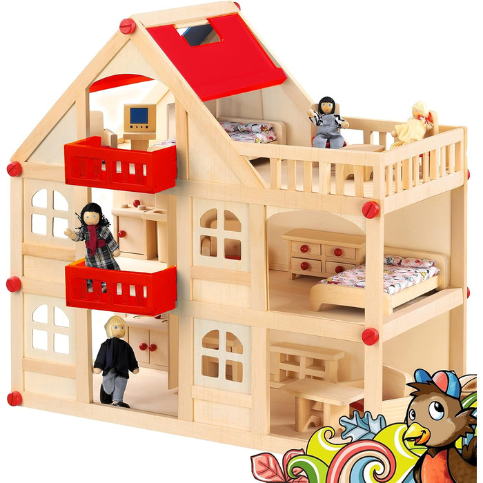 Дерев&39яний ляльковий будиночок для ляльок, кімната для ляльок з 3 поверхами, 4 ляльки та 15 предметами меблів, ручка для перенесення 555x26 см