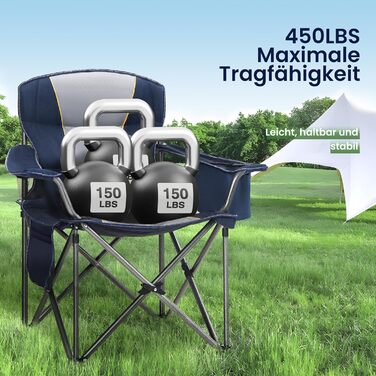 Складаний кемпінговий стілець HIGH POINT SPORTS, комплект з 2 шт. , вантажопідйомність 200 кг, м&39який складний стілець з підсклянниками, XXL складний рибальський стілець з підлокітниками, вуличний стілець, синій