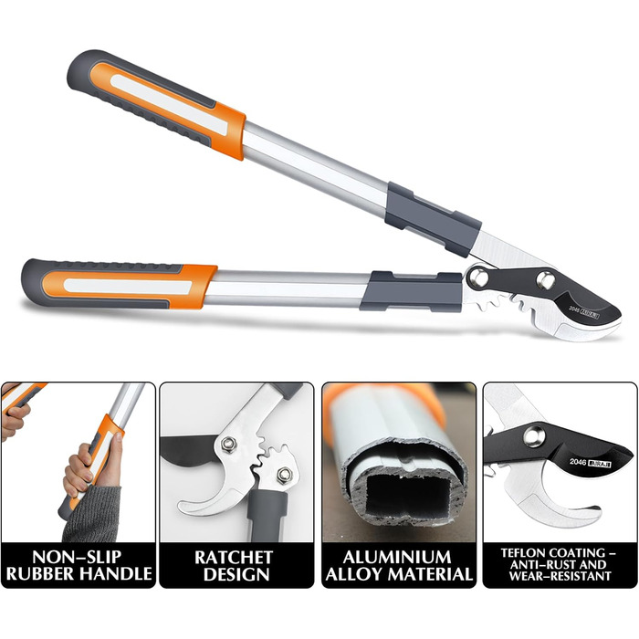 Садові ножиці AIRAJ Bypass 43 см, обрізають гілки 3 см, з тефлоновим покриттям та гострими лезами SK5, можуть обрізати сухі та вологі гілки.