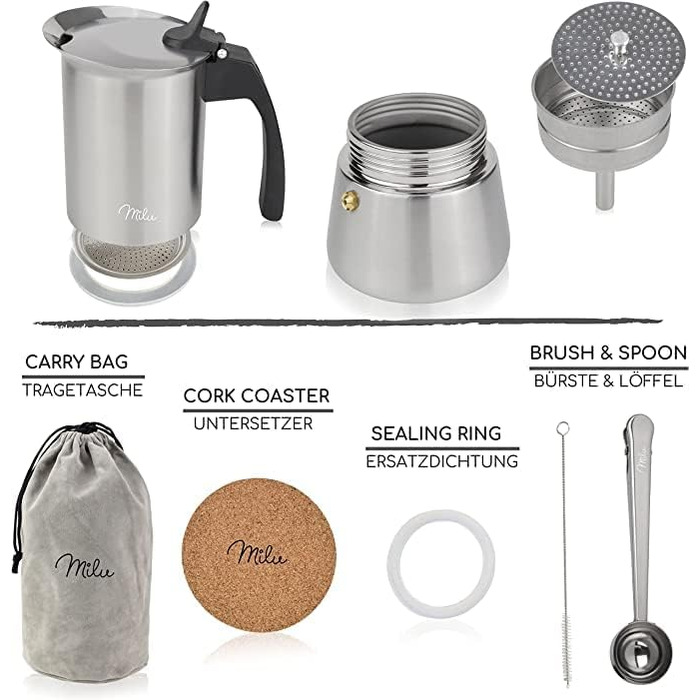 Індукційна кавоварка Milu 2, 4, 6, 9 чашок кавник для мокко з нержавіючої сталі, кавник для еспресо, набір для приготування еспрес