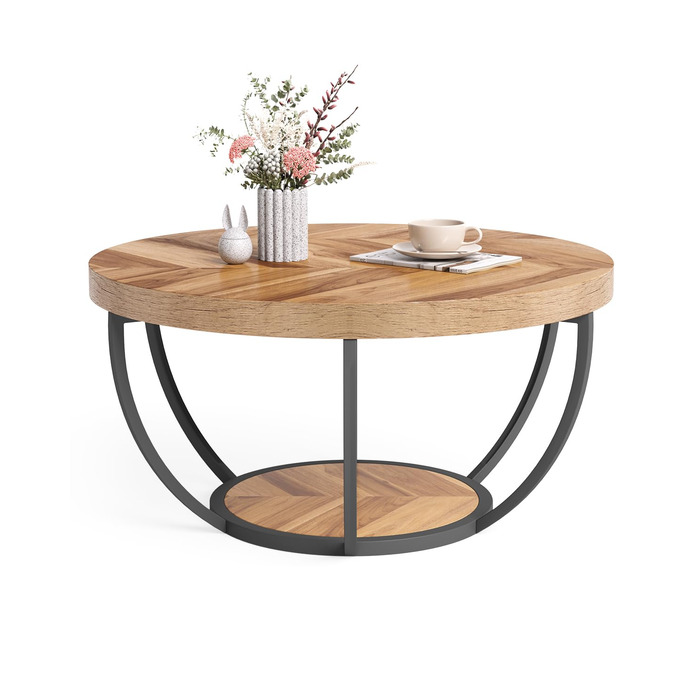 Круглий журнальний столик LITTLE TREE, 81,3 см, круглий журнальний столик для вітальні, 2-ярусний дерев&39яний акцентний центральний столик з відкритим місцем для зберігання, промисловий дизайн, меблі для дому (дерев&39яний малюнок та чорний)