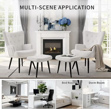 Крісло CLEVICH з підніжкою - Затишне крісло для відпочинку з підніжкою, крісло для читання, крісло з тканини Тедді для вітальні та спальні - До 168 кг, Біле