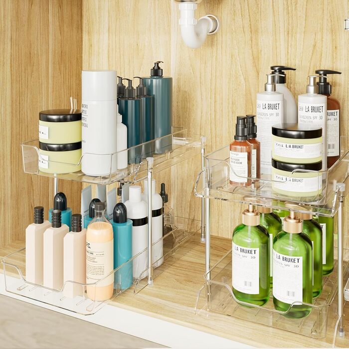 Органайзер під раковину, 2 шт. и, прозорий, велика місткість, велике навантаження, висувна полиця під раковину, з 2 полицями, вису