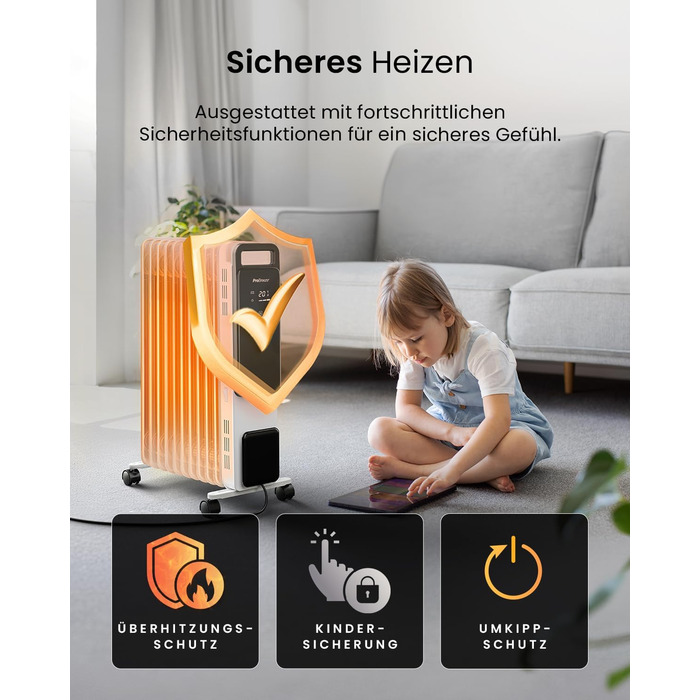 Масляний радіатор Pro Breeze OmniWarm потужністю 2500 Вт з 11 ребрами, електричним нагрівом - енергозберігаючий масляний радіатор, 3 режими нагріву, регульований термостат, 24-годинний таймер, сенсорний дисплей та функція безпечного відключення, білий - н