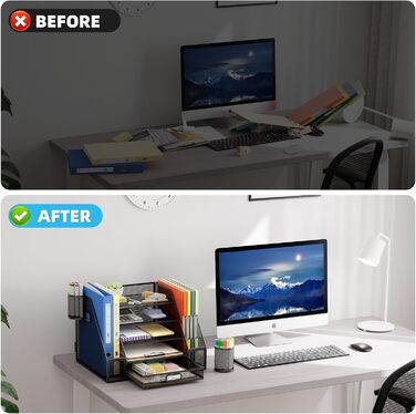 Органайзер для столу Marbrasse з тримачами для файлів, 5-ярусний лоток для листів з шухлядою та 2 тримачами для ручок, сітчастий лоток для настільних аксесуарів, тримач для журналів та офісного приладдя (чорний) 42 x 30 x 28 см