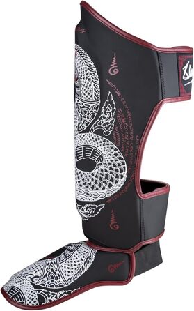 ВИДІВ ЗБРОЇ Щитки для гомілок Sak Yant Naga, чорно-коричневі, для тренувань та змагань, високоякісна синтетична шкіра та ідеальна амортизація, муай-тай, K1, MMA, карате та кікбоксинг, 8