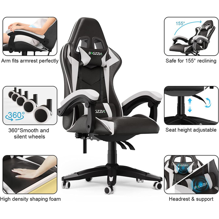 Геймерське крісло, ергономічне крісло з високою спинкою, шкіра синтетична, регульований підголівник та поперекова підтримка, кут нахилу 155, металевий каркас, плавно обертаються колеса, регулювання висоти, чорно-білий колір