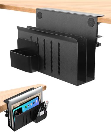 Підставка для ноутбука та планшета на стіл, бічна полиця для зберігання, двоярусна з тримачем для ручок (чорна)