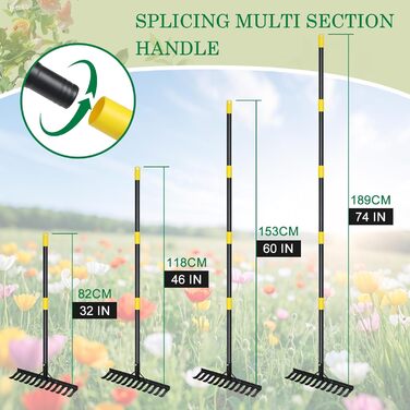 Міцний садовий грабель, 189 см, металевий грабель з 12 зубцями, вигнутий грабель з довгою ручкою для розпушування ґрунту, вирівнювання, догляду за газоном, сільського господарства, землі, чорний