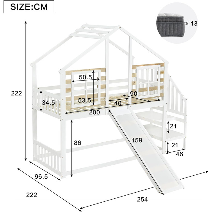 Дитяче двоярусне ліжко 90x200, ліжко-горище, дерев&39яне ліжко-будиночок зі сходами та гіркою, каркас ліжка із захистом від падіння та поручнями, ліжко з рейковою основою, каркас ліжка з масиву дерева, без матраца, білий колір