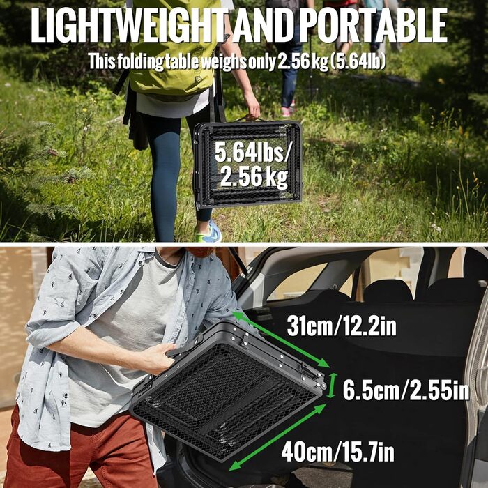 Складаний стіл-гриль GARLLEN, 60x40 см та 3 регульовані висоти (27/51/75 см), легкий та портативний, складаний стіл, кемпінговий стіл, бічний столик, садовий стіл, стіл для пікніка, невеликий стіл-гриль для кемпінгу, чорний, 60 x 40 x 27/51/75 см