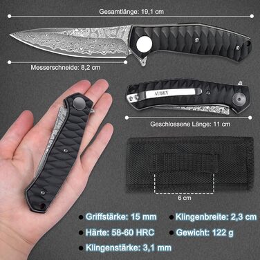 Кишеньковий ніж з дамаської сталі AUBEY з кліпсою, гострий дамаський ніж складний з лезом з дамаської сталі, фліпером, алюмінієвою