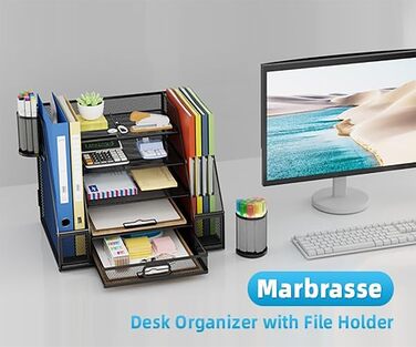 Органайзер для столу Marbrasse з тримачами для файлів, 5-ярусний лоток для листів з шухлядою та 2 тримачами для ручок, сітчастий лоток для настільних аксесуарів, тримач для журналів та офісного приладдя (чорний) 42 x 30 x 28 см