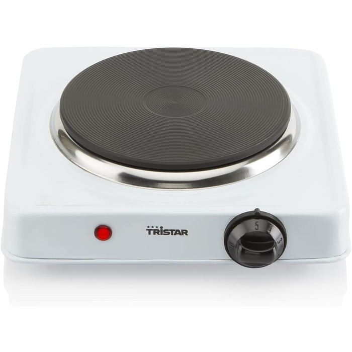 Гаряча плита Tristar KP-6185 Ø 15 см 1000 Вт нержавіюча сталь з термостатом ідеально підходить для кемпінгу біла одинарна конфорка