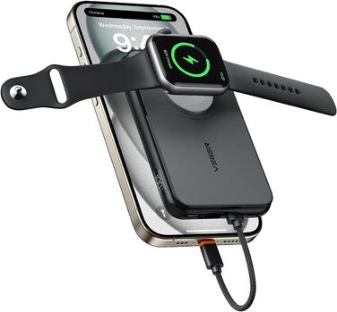 З інтегрованим USB-C і кабелем Apple, з Apple Watch і USB C для зарядки, зовнішній акумулятор мобільного телефону зі світлодіодом, сумісний з iPhone, Apple Watch (9-1), мобільними телефонами USB C, 20W PD, Powerbank 10000mAh