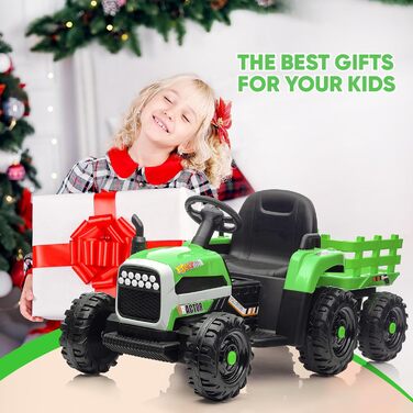 Дитячий електричний трактор, 12В 3-швидкісний трактор зі знімним причепом та пультом дистанційного керування 2.4G, дитячий електро