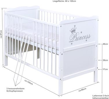 Дитяче ліжечко, розкладне ліжечко, дитяче ліжко Princess 60x120 біле, з прорізувачами