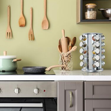 Карусель для спецій Relaxdays з 20 баночками для спецій, обертається на 360, контейнери для спецій для посипання, висота 34,5 см, нержавіюча сталь, срібло