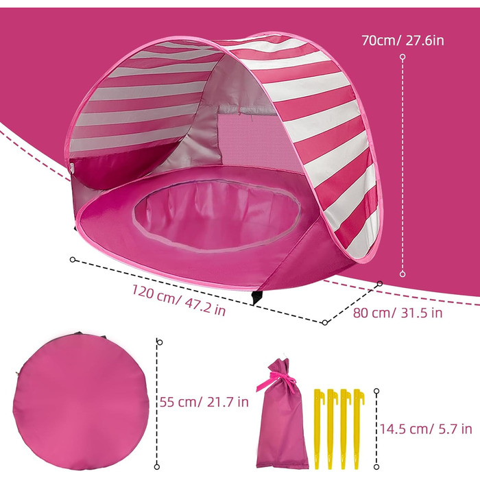Дитячий пляжний намет, дитячий пляжний намет із захистом від ультрафіолету 50, дитячий пляжний намет з міні-басейном, портативний пляжний намет для дітей, пляжний, кемпінговий, садовий з сумкою для перенесення, рожевий