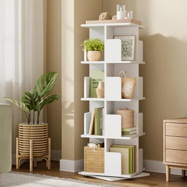 Обертова книжкова полиця EUGAD, кімнатна перегородка, полиця на місці, обертова полиця, офісна полиця, декоративна полиця, вільно обертається на 360 з 4 полицями для спальні, офісу, МДФ, білий, 39,5 x 128 x 39,5 см, 4 полиці (39,5 Ш x 128 В x 39,5 Г см), 