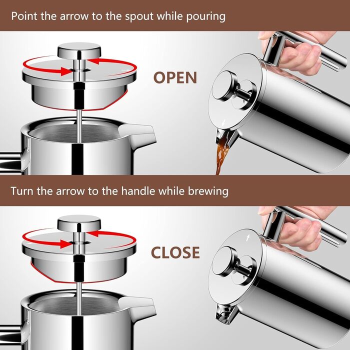 Кавоварка Wrobic French Press, френч-прес з нержавіючої сталі 21 унція з 3-рівневою системою фільтрації, френч-прес з подвійною ізоляцією з 3 фільтрами та 1 металевою ложкою 600 мл срібла