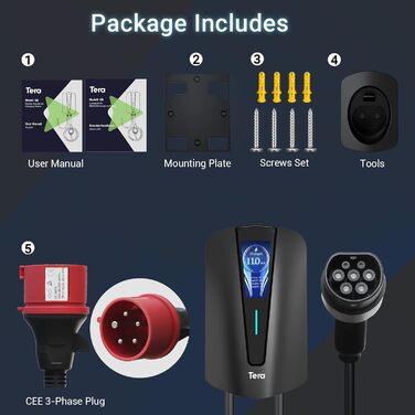Зарядний пристрій Tera EV D1D7EE D1D7EDD1D7ED Домашня зарядна станція Wallbox зарядний кабель електромобіль з тримачем кабелю Заря