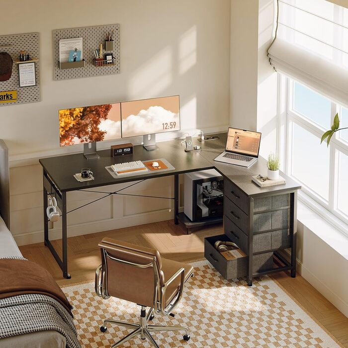 Кутовий письмовий стіл ODK з 4 шухлядами, 135100 см, L-подібний стіл з розеткою та портом зарядки USB, двосторонній стіл з місцем для зберігання для домашнього офісу та ігор, чорний 135 100 см