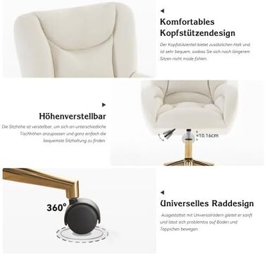 Бежеве робоче крісло з підголівником регульоване по висоті обертове крісло з велюрової тканини, крісло для домашнього офісу з підлокітниками та золотими ніжками, легке складання