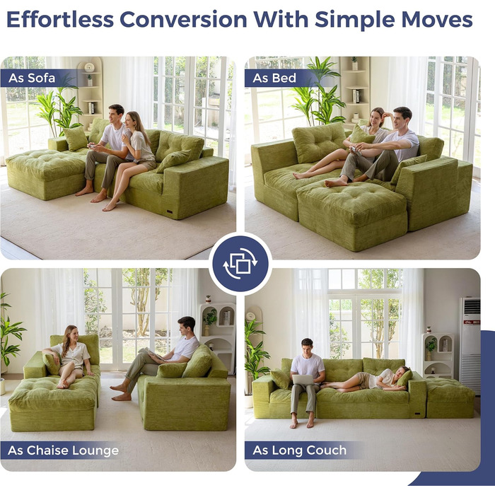 Диван MAXYOYO з функцією сну, кутовий диван L-подібної форми, вельветова тканина, 264x171 см, вельветовий диван, вітальня, розкладний диван з пуфом, універсальний, легко чиститься та підходить для домашніх тварин, не потребує складання (світло-зелений)