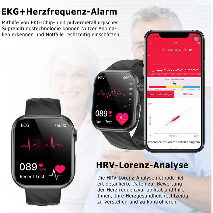 Новий смарт-годинник ЕКГВСР/сечова кислота/ІМТ для чоловіків і жінок 1,97-дюймовий AMOLED годинник для здоров&39я з функцією телефону 24-годинний серцевий ритм SpO2 артеріальний тиск температура тіла Baker монітор сну/апное фітнес-годинник чорний силіконо