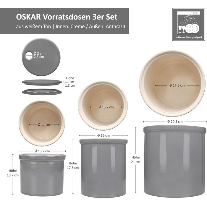 Набір із 3 контейнерів для зберігання Oskar MamboCat розмірів S, M та L сірого кольору Горщик із кришкою для картоплі, цибулі та часнику з білої глини для вашої кухні Циліндрична скринька для зберігання