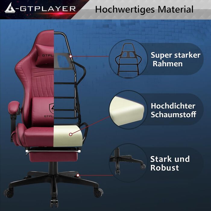 Ігрове крісло GTPLAYER, ергономічне ігрове крісло, крісло для столу, гоночне крісло для ПК з підставкою для ніг, динаміки, музика, офісне крісло, витримує до 150 кг
