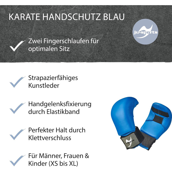 Рукавички для карате Ju-Sports з синтетичної шкіри, сині - М&39який захист рук для тренувань та змагань, аксесуар для бойових мистецтв, 2 петлі без великого пальця, XS