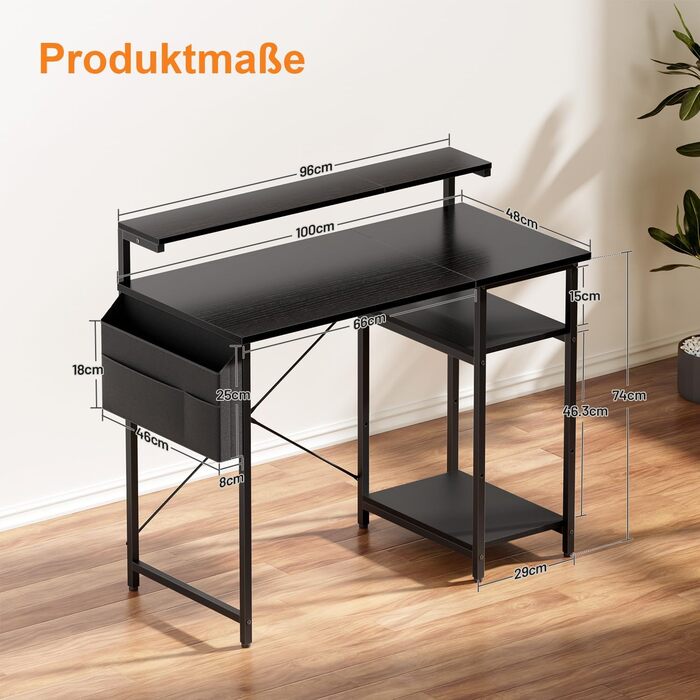 Письмовий стіл, комп&39ютерний стіл зі світлодіодним підсвічуванням та підставкою для монітора, ПК-стіл з 2 полицями та сумкою для зберігання для кабінету та спальні, 100 x 48 x 74 см, міцний металевий каркас, чорний.