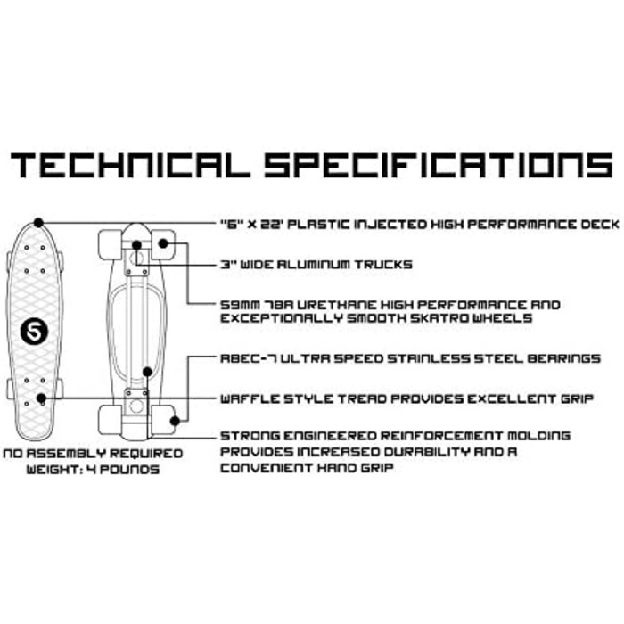 Міні-скейтборд крейсер. 22-дюймова пластикова дошка в ретро стилі, в комплекті з чорною мамбою