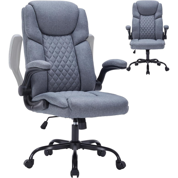 Крісло керівника з функцією гойдання, регульоване по висоті офісне крісло, ергономічне офісне крісло з підголівником та складними підлокітниками, обертове на 360 крісло, сіра тканина