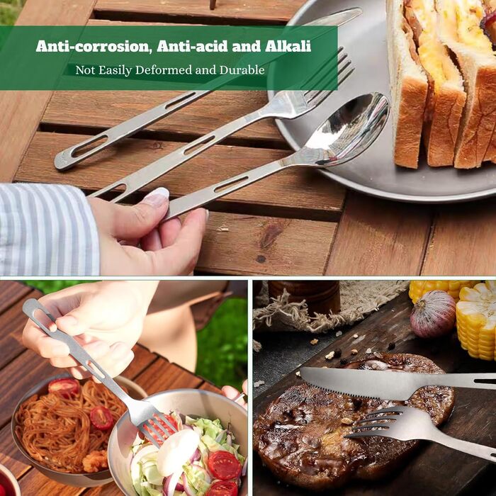 Набір столових приборів RISON-Titanium Titanium для кемпінгу, комбіновані столові прибори з 4 титанових виделок-ложок-ніжів для подорожей з карабіном та сумкою для зберігання, посуд для приготування їжі на свіжому повітрі, рюкзак для походів, щоденний пос