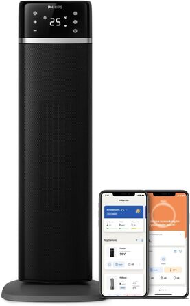 Баштовий вентилятор-обігрівач, 2000 Вт, керування за допомогою застосунку, економія енергії до 50, дисплей температури, 5 функцій безпеки, 4 режими, коливання 60, тихий, чорний/сірий (CX5120/11) Сірий баштовий вентилятор-обігрівач, 2000 Вт, 5000